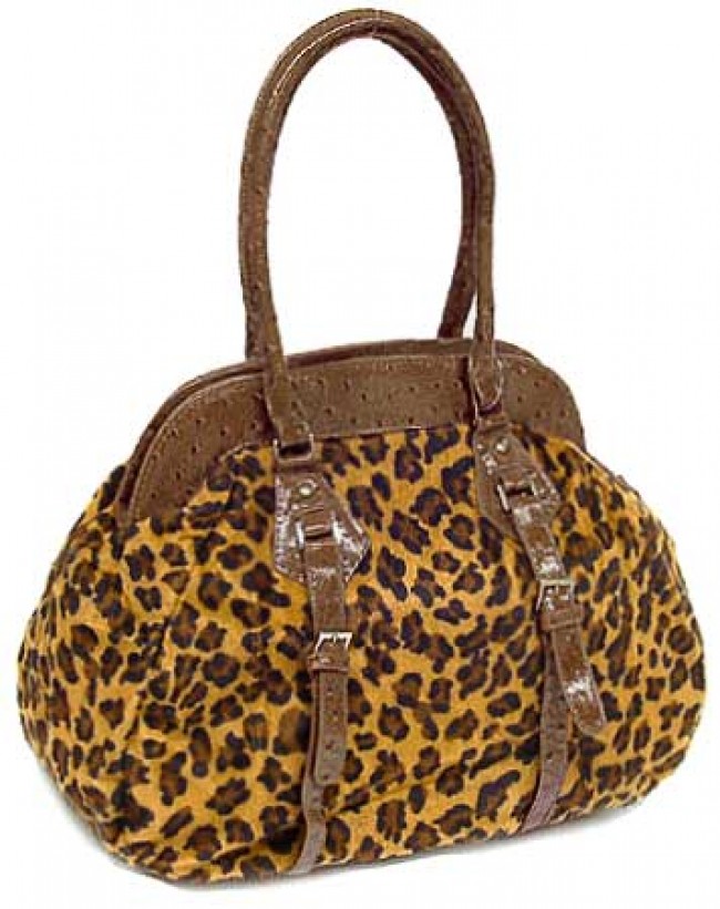 Leopard Print Satchel w/ Ostrich Embossed Trim - Brown